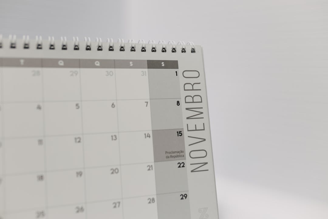 Clean modern calendar with marked dates and planning notes spread across months