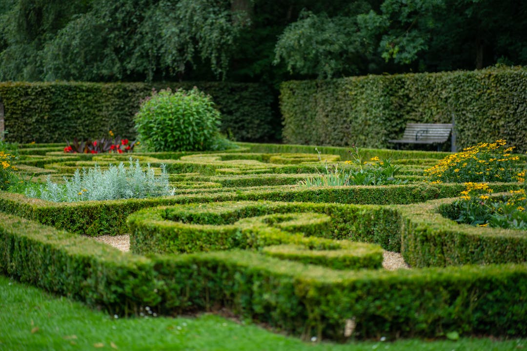 Person standing at the entrance of a stone maze with narrow walls