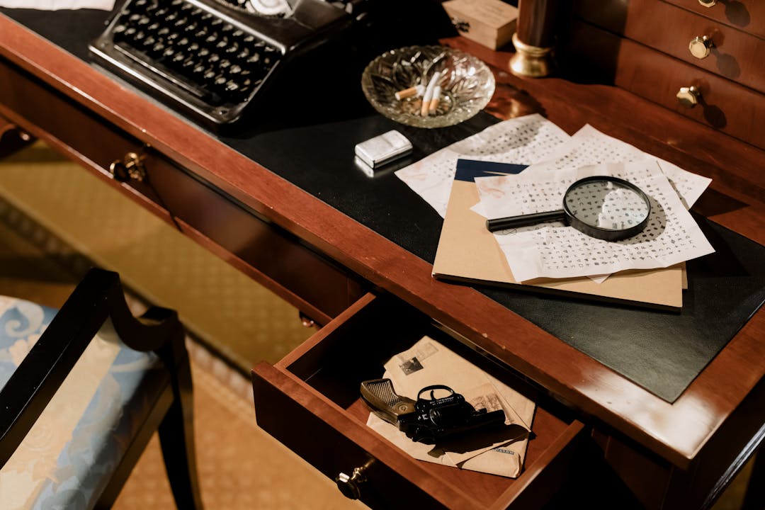 Person with magnifying glass examining scattered clues and documents on wooden desk